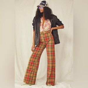 Free People Jules Plaid Wide Leg Pants - Orange/Gold